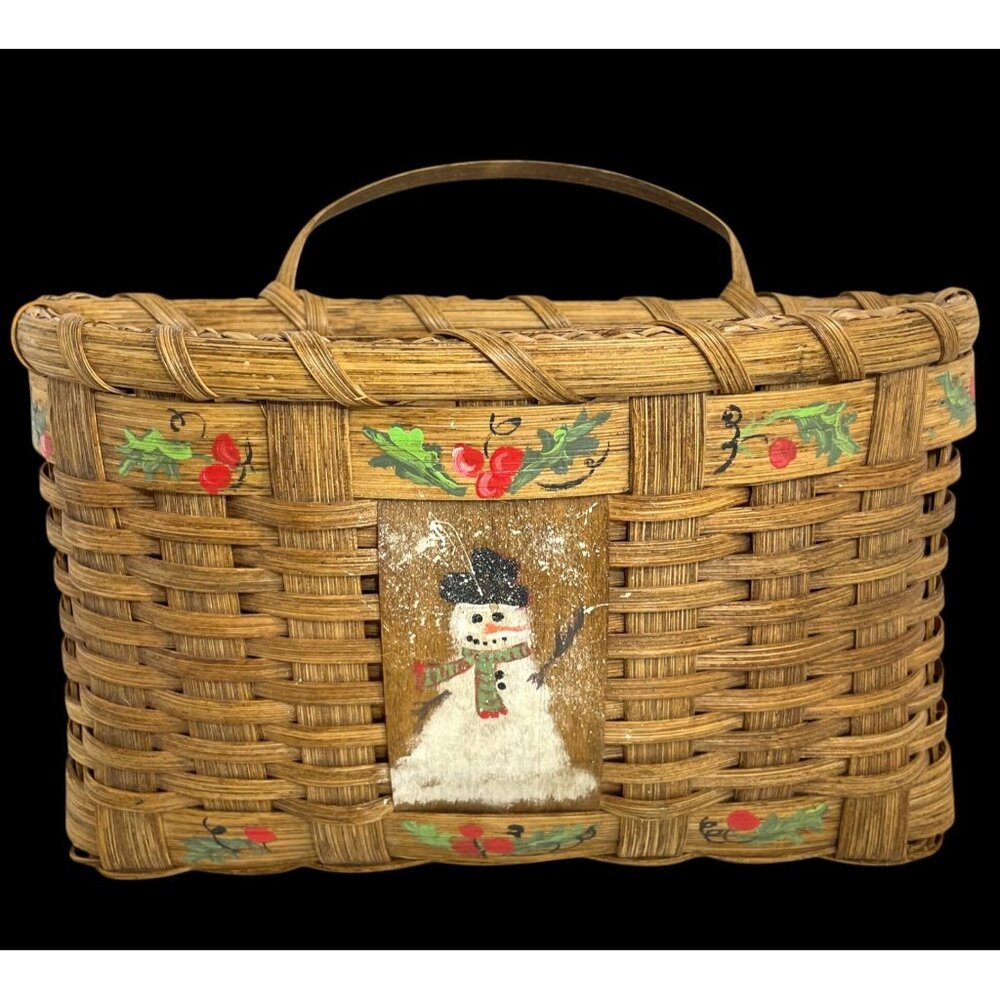 Vintage Wicker Basket With Hand-Painted Snowman & Holly Design